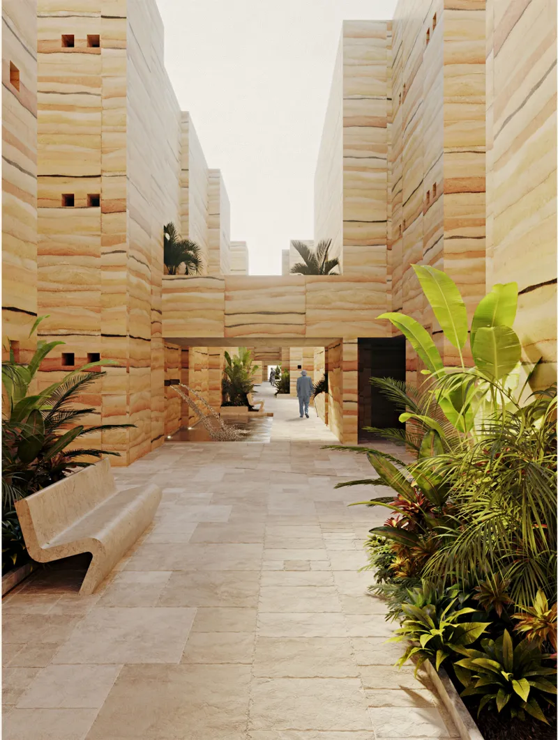 Rammed-earth residential passage creates a shaded, planted environment for comfortable everyday movement