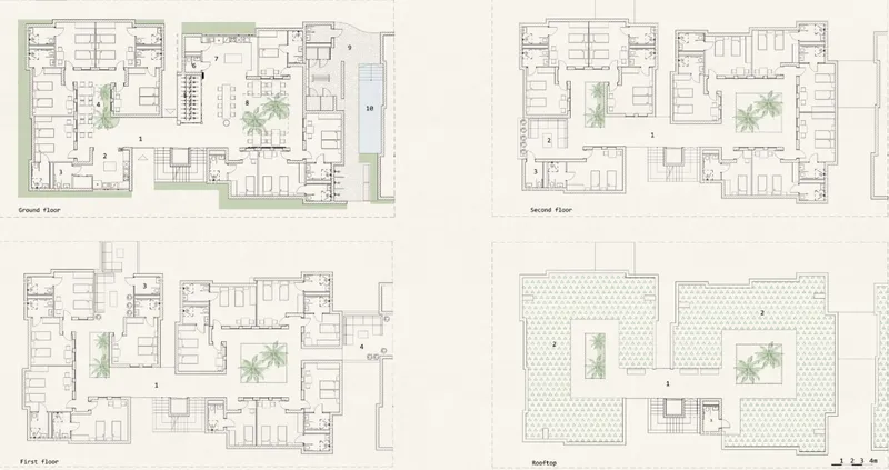 Floor plans organize private rooms, shared living spaces, courtyards, and accessible circulation across the housing cluster
