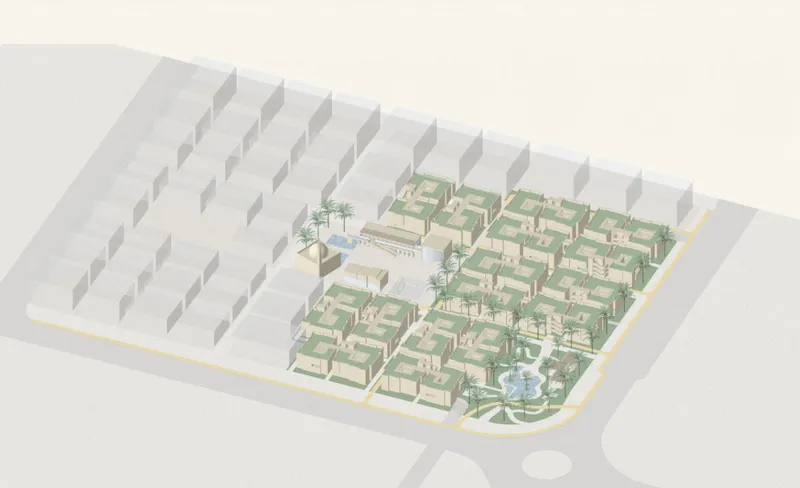 Co-life masterplan integrating senior housing, gardens, shaded streets, and shared community spaces