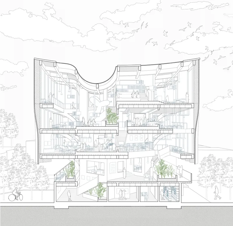 Sectional drawing showing overlapping floors, courtyards, and social spaces.