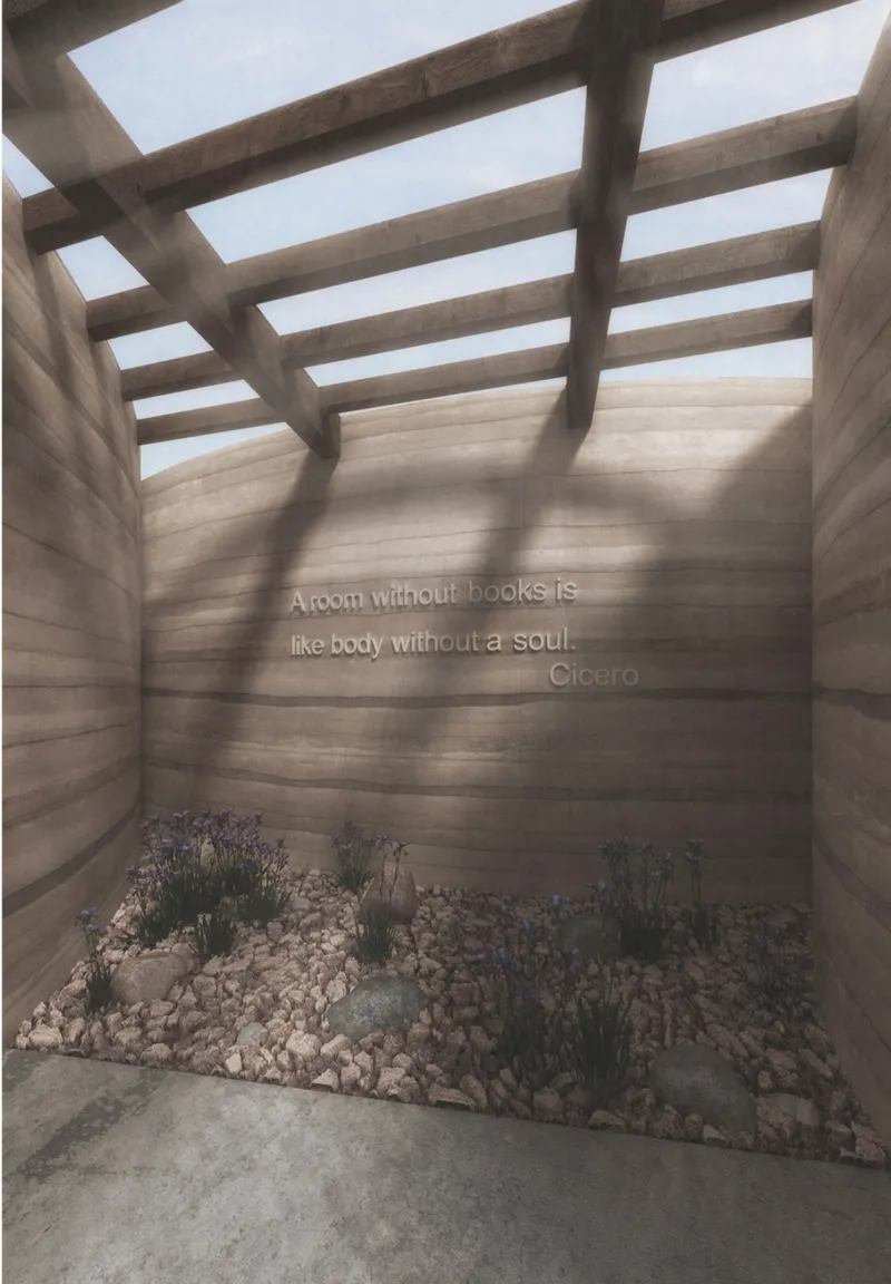 A sunlit contemplative garden creates a calm pause within the library journey.
