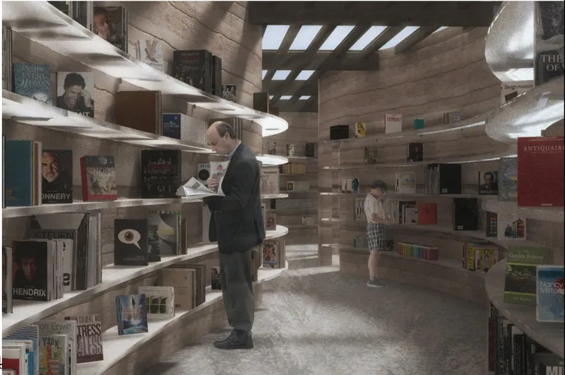Curved bookshelves and skylights shape an immersive, naturally lit reading space.