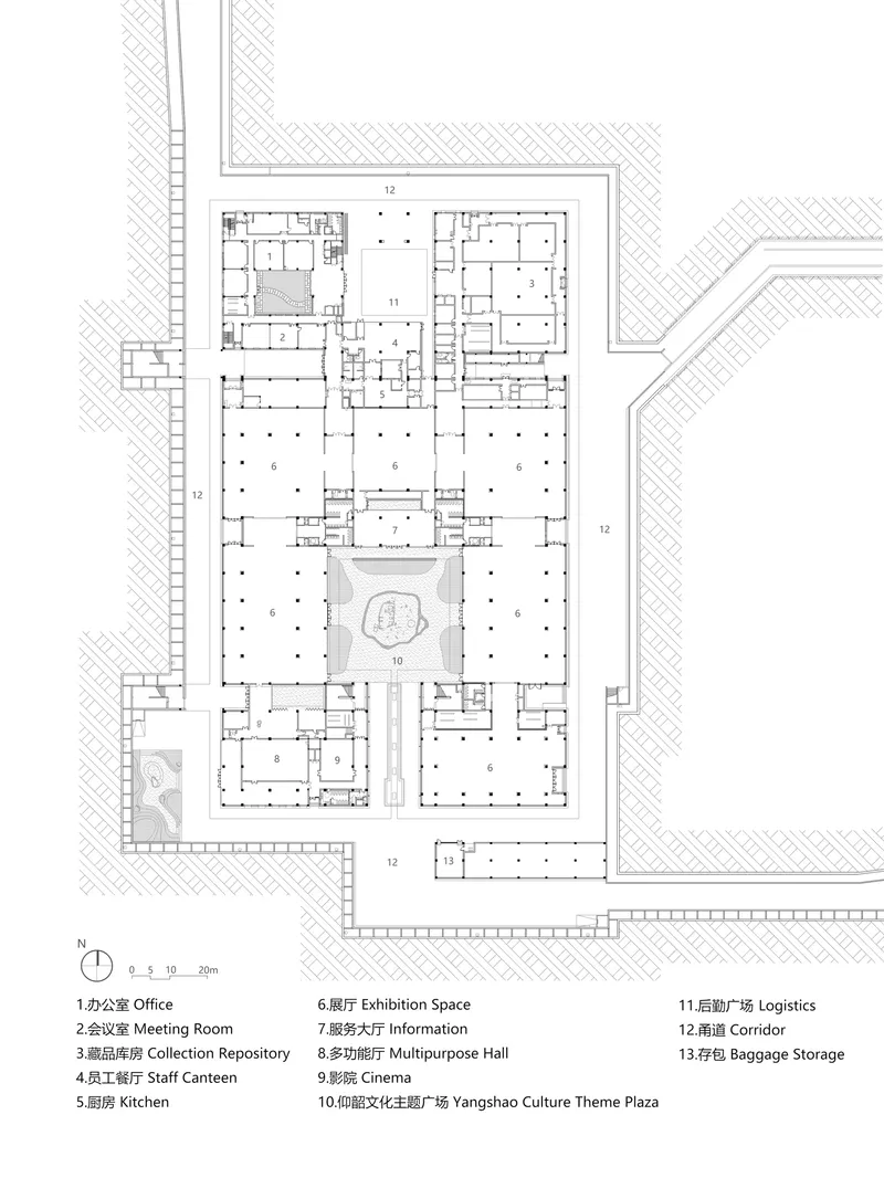 Site plan drawing depicting a symmetrical courtyard complex with central plaza and surrounding structures