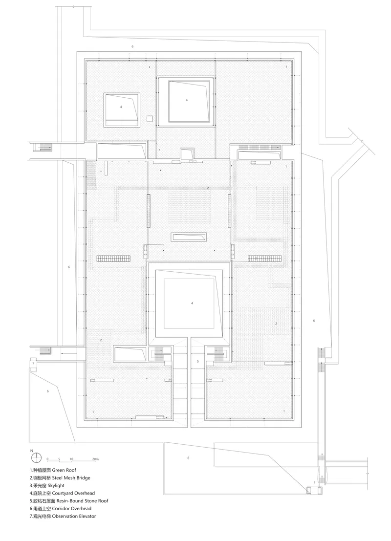 Roof plan drawing revealing three courtyard voids and green roof areas with steel mesh bridge