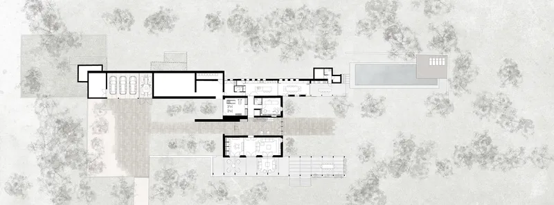 Site plan drawing showing the arrangement of volumes, pathways, and tree canopies across the property