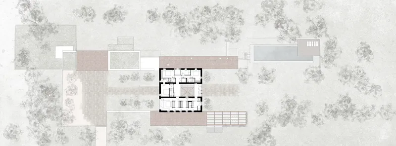 Site plan drawing depicting the roof layout with brick surfaces and pergola structures among scattered trees