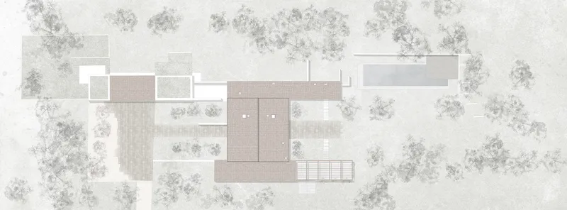 Site plan drawing illustrating the roofscape with courtyards and slatted overhead elements in the landscape