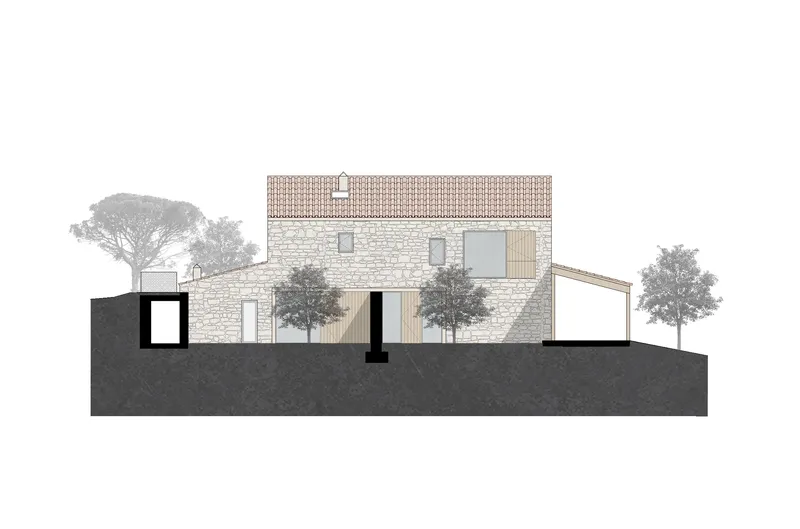 Elevation drawing of a stone residence with terra cotta tile roof and timber cladding among mature trees