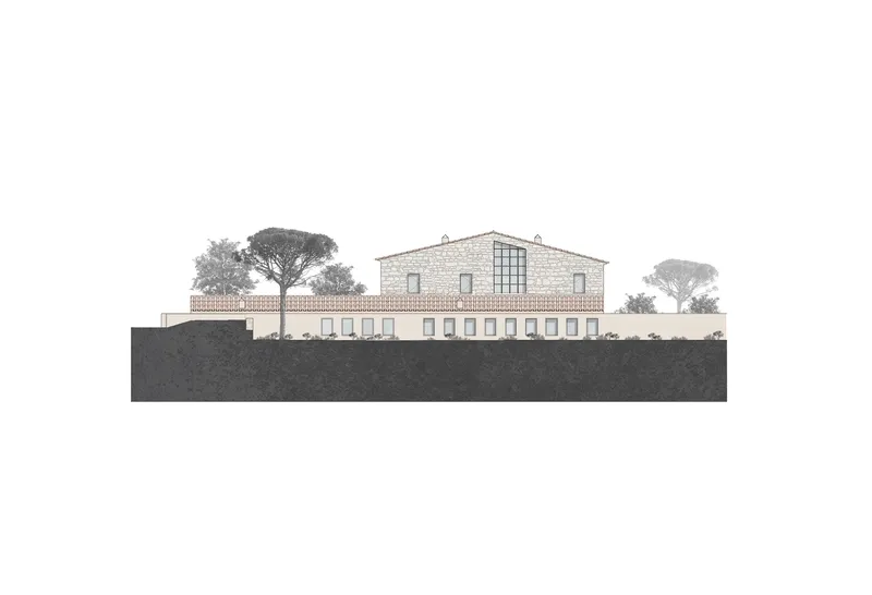 Elevation drawing showing a two-story stone building with arched colonnade and symmetrical window openings flanked by umbrella pines