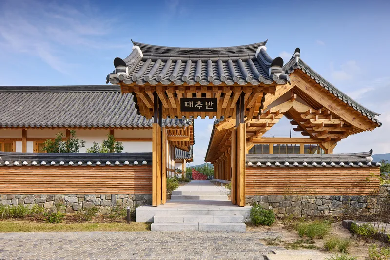 Timber entrance gate with curved tile roof and stone base wall under a clear blue sky