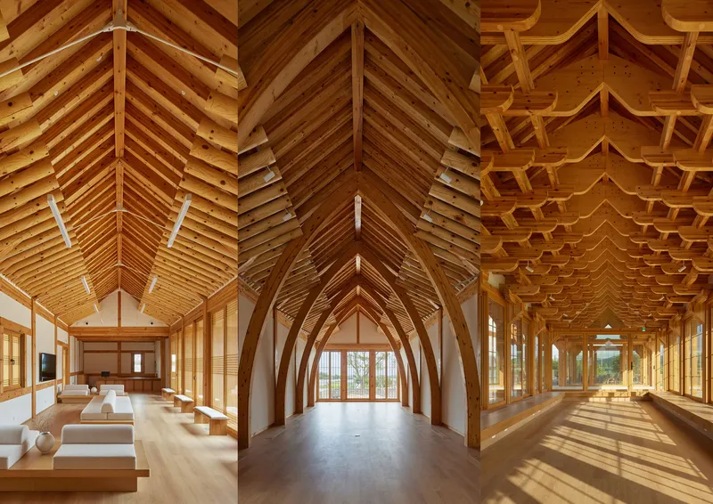 Triptych showing three timber vaulted interior spaces with exposed rafters and varying ceiling geometries