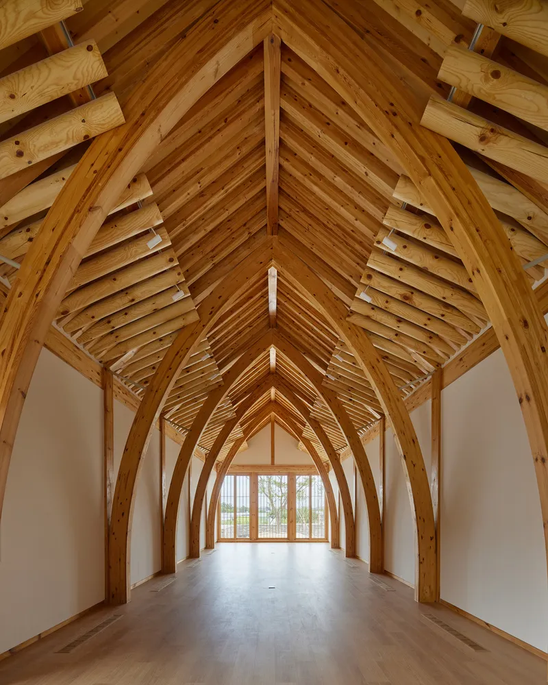 Interior view of exposed timber roof structure with curved rafters and horizontal purlins above white plaster walls
