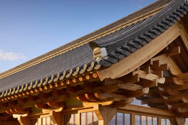 Close-up of layered timber eaves with decorative brackets and grey tiled roof under afternoon sunlight