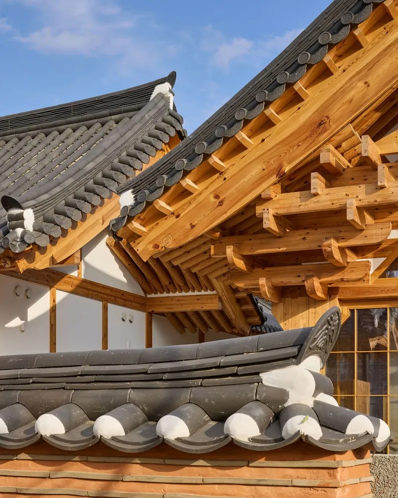 Close-up of curved tile roof eaves with exposed timber rafters and brackets against a blue sky