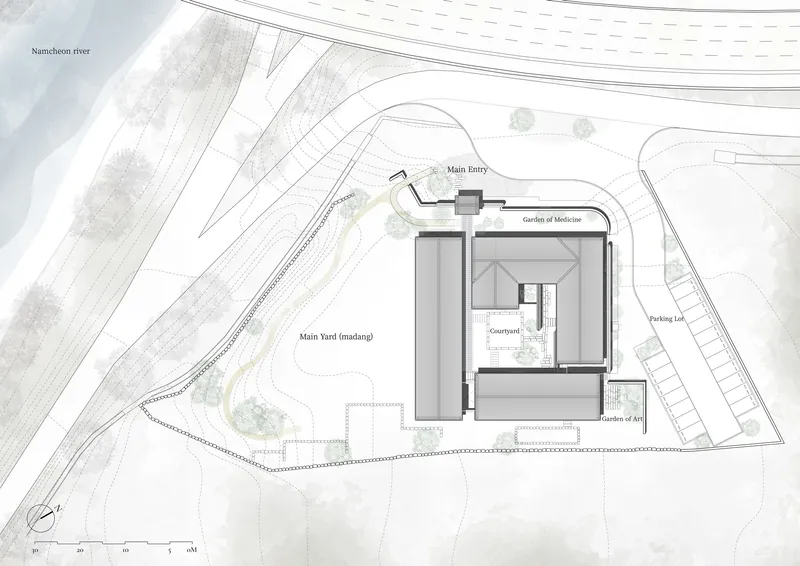 Site plan drawing showing the compound layout adjacent to a river