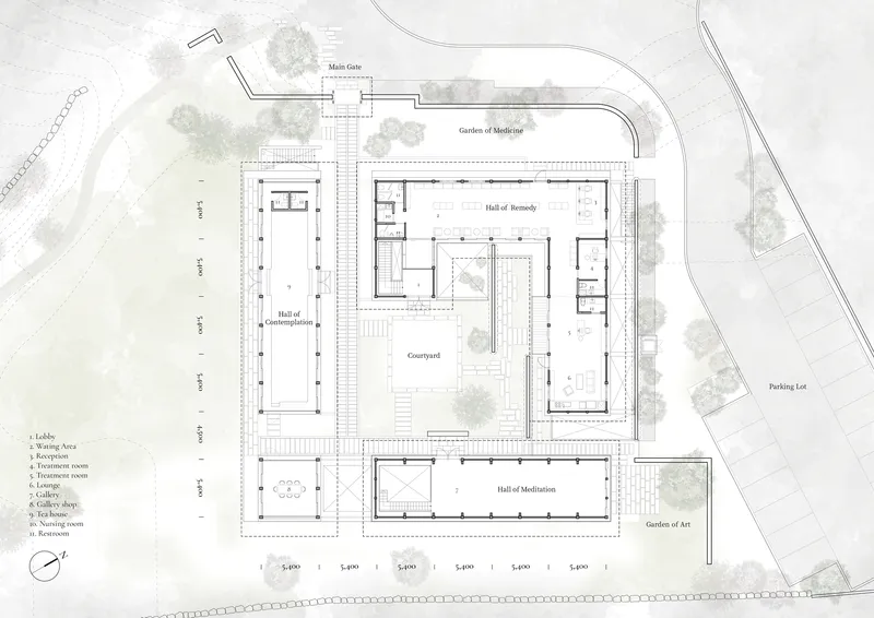 Floor plan drawing showing halls arranged around a central courtyard with gardens