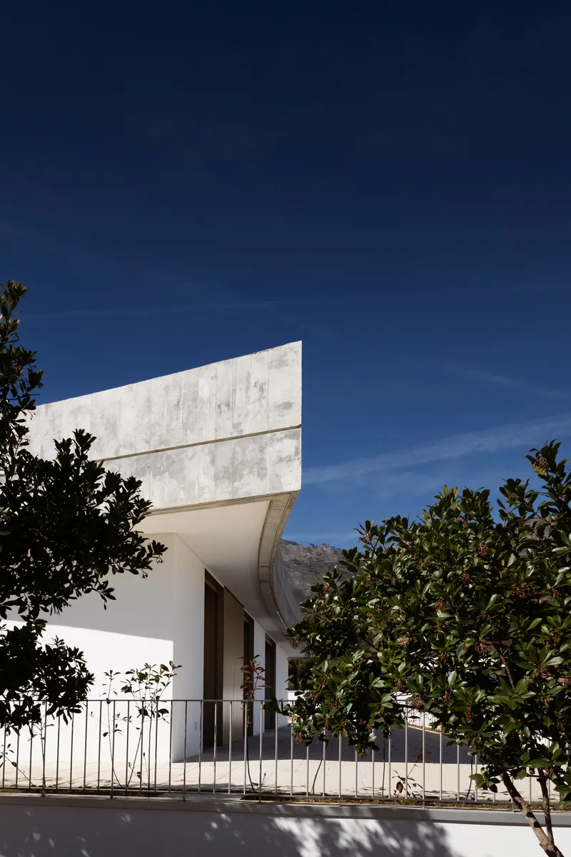 Cantilevered concrete roof element above a white stucco facade framed by evergreen trees