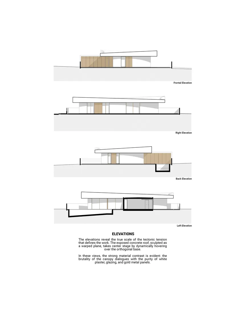 Elevation drawings showing four facades with exposed concrete roof and timber-clad volumes