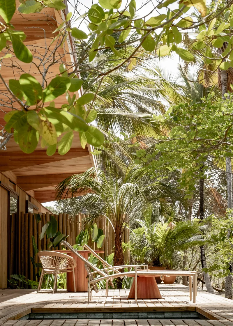 Timber deck terrace with outdoor furniture beneath an overhang, framed by tropical palms and foliage