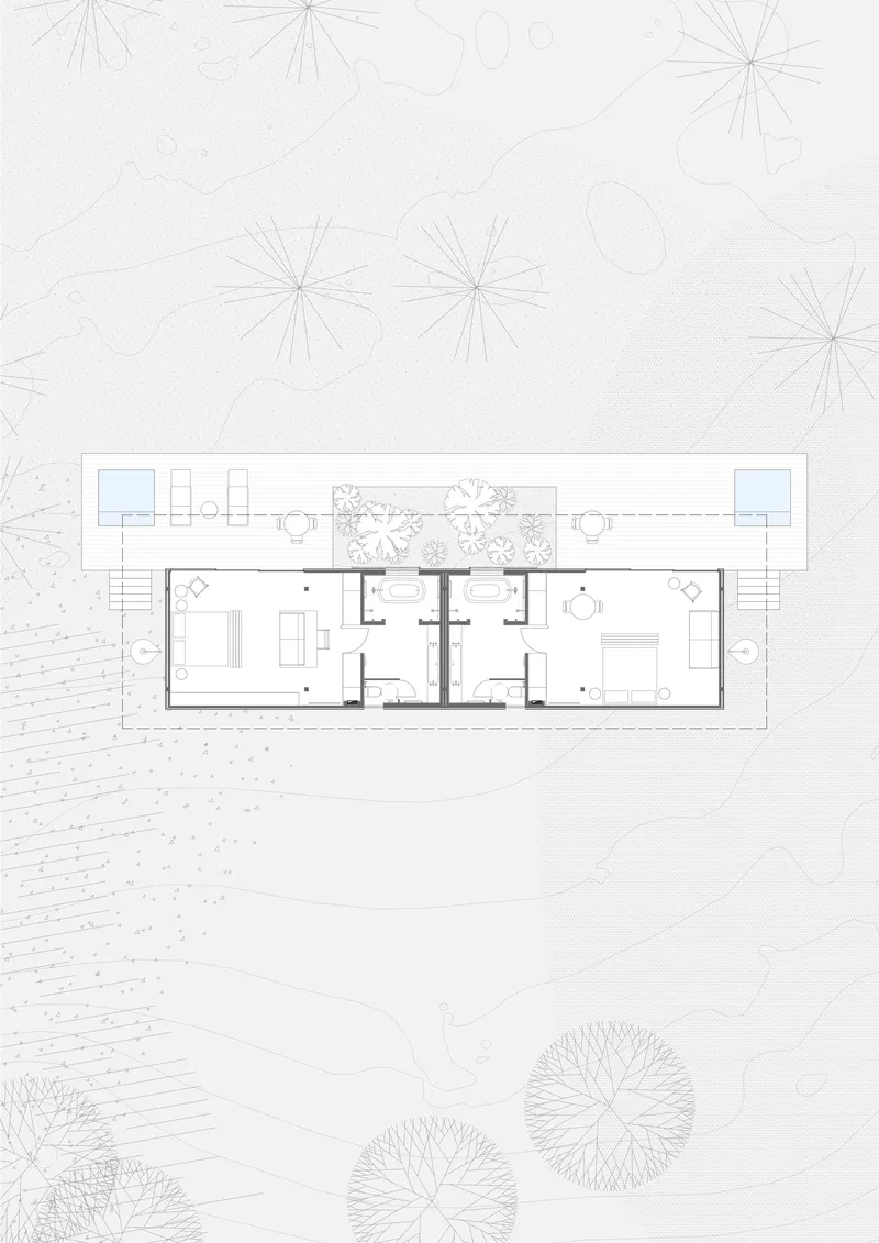 Floor plan drawing showing a symmetrical layout with central courtyard garden and flanking terraces