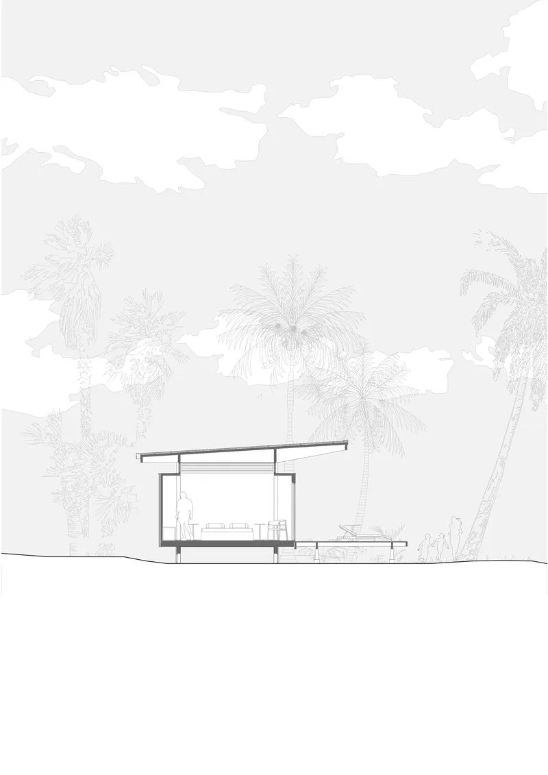 Section drawing revealing a single-level structure with sloped roof among palm trees and vegetation