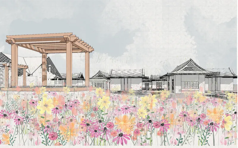 A flower-filled threshold introduces Mangata’s calm retreat, blending Japanese-inspired architecture with a sensory path toward meditation.