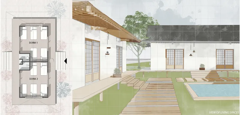 The living spaces frame water, timber decks, and dormitories as part of a quiet stayover experience.