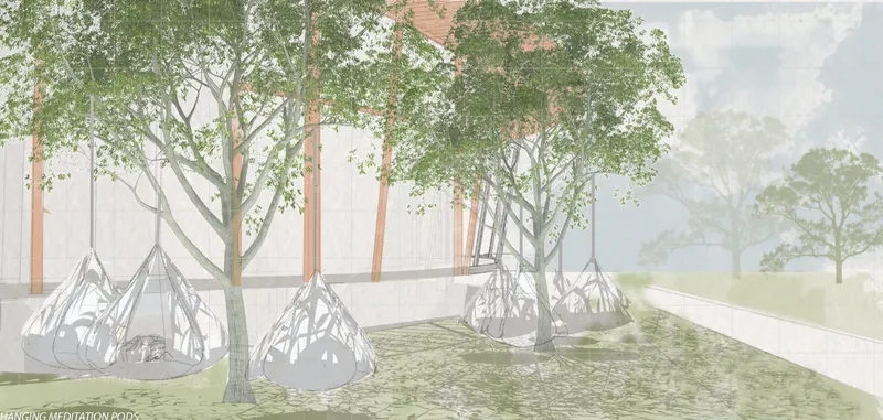 Hanging meditation pods create intimate spaces for solitude, reflection, and retreat within nature.