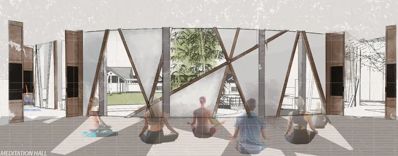 The meditation hall uses filtered light, timber screens, and garden views to support collective stillness.