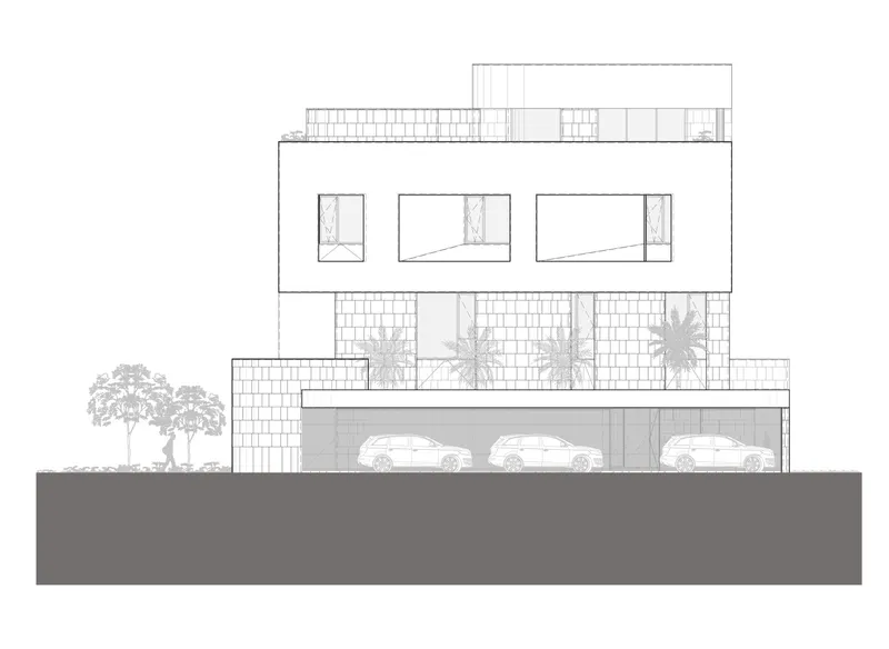 Section drawing showing three-story residence with rooftop terrace, planted balconies and ground-level garage