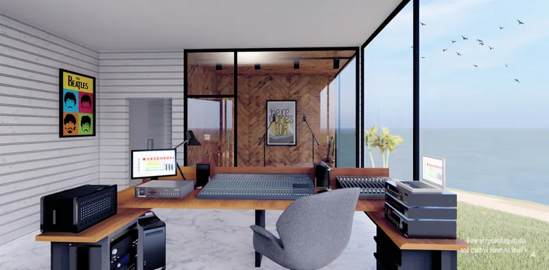 Recording studio and control room overlooking Montserrat’s coastal landscape.