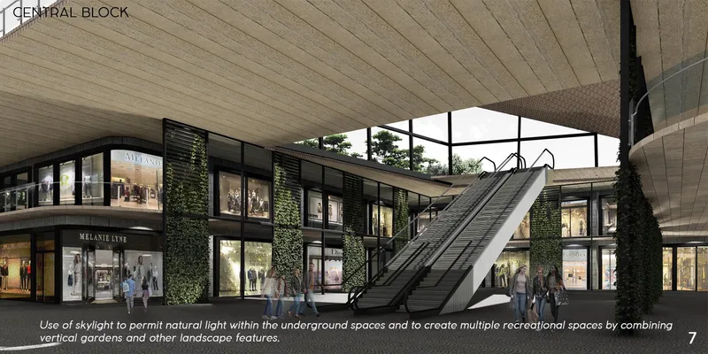 Central block with skylights, vertical gardens, and escalators connecting layered retail and recreational spaces.
