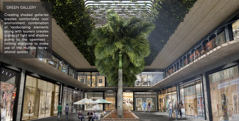 Green gallery creating a shaded retail courtyard through planting, filtered light, and open-air circulation.
