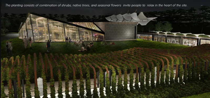 Rooftop landscape with native planting and shaded structures creating a relaxed social space above the retail complex.