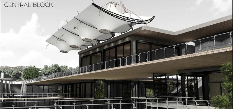 Central block featuring elevated walkways, tensile canopies, vertical greenery, and layered public circulation.
