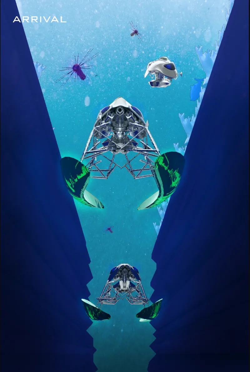 Mobile underwater habitat vessels descend through the Pacific’s deep-sea landscape