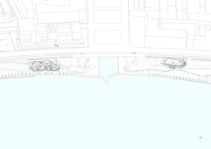Axonometric drawing showing two building clusters along a waterfront edge with landscaping and pathways between
