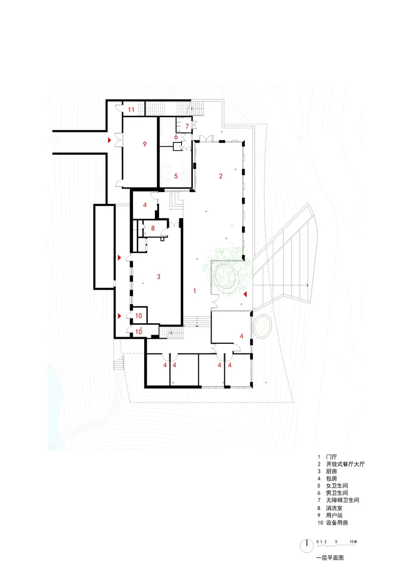 Floor plan drawing showing residential rooms arranged around a central courtyard with planted areas