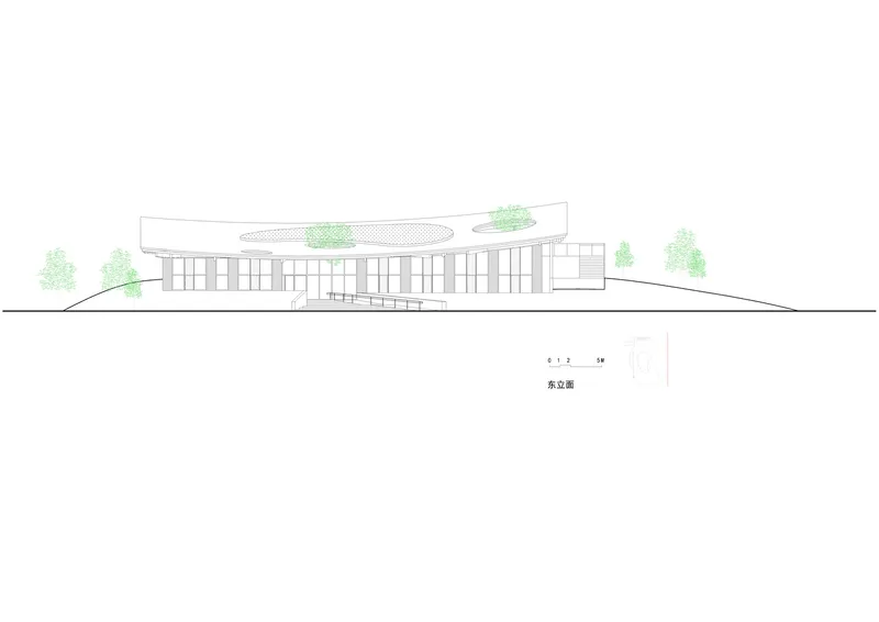 East elevation drawing showing the curved roof form and glazed colonnade with planted roof terraces
