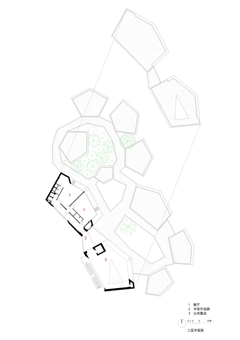 Floor plan drawing showing polygonal courtyard spaces arranged along a curved corridor with planted areas