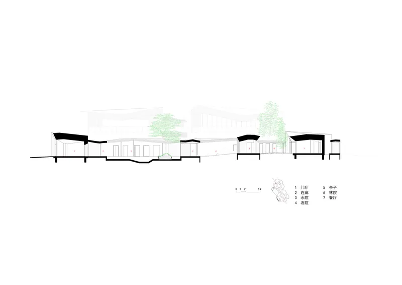 Section drawing showing the undulating roofline across multiple volumes with trees between them