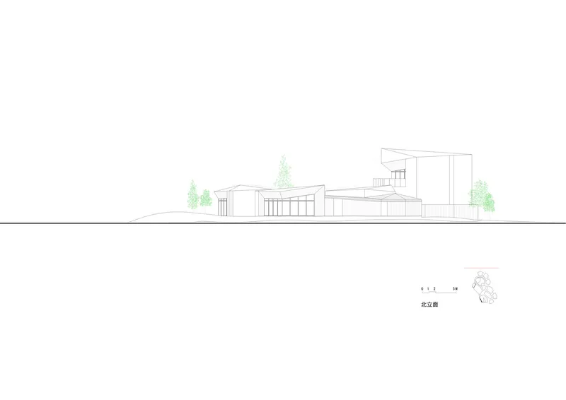 Elevation drawing depicting low horizontal volumes with flat and pitched roofs alongside vegetation