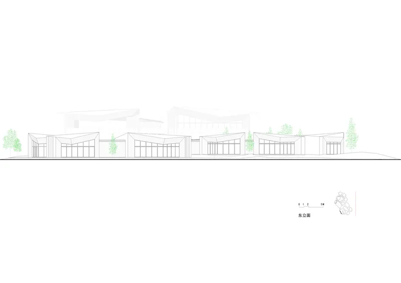 Elevation drawing showing a sequence of connected pavilions with varied roof forms and trees