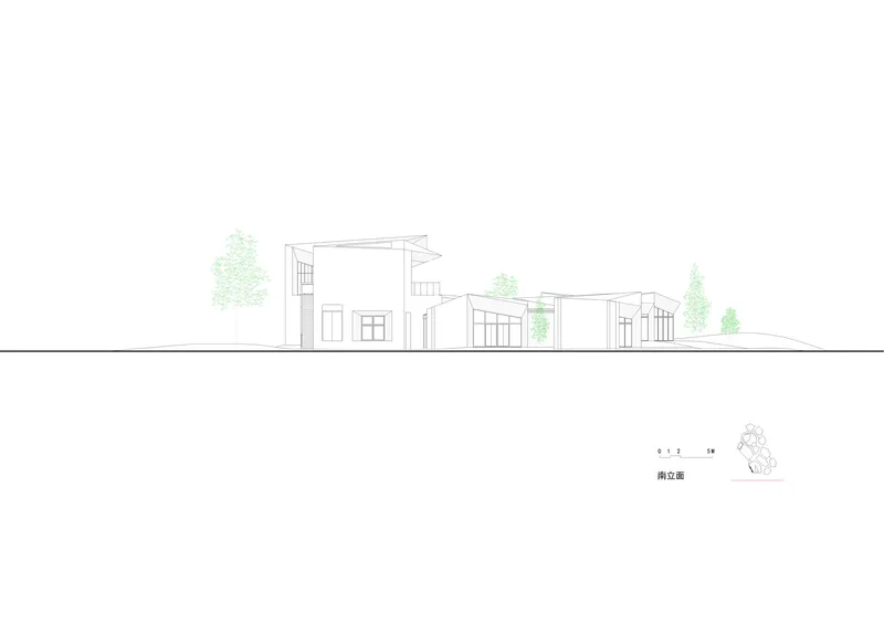 Elevation drawing illustrating clustered volumes with overhanging roofs and scattered trees