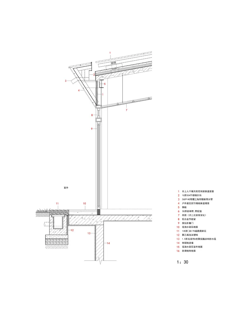 Wall section detail drawing depicting the eave connection between roof structure and exterior column
