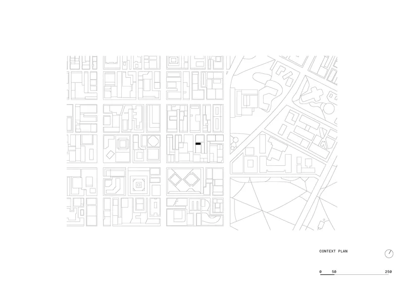 Context plan drawing showing an urban block with the project site marked centrally