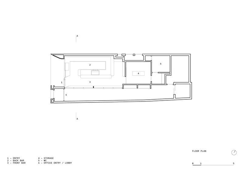 Floor plan drawing showing entry, front and back bar areas, storage, and office spaces