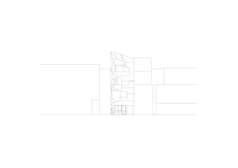 Elevation drawing depicting a narrow multi-story volume with angular facade nestled between adjacent buildings