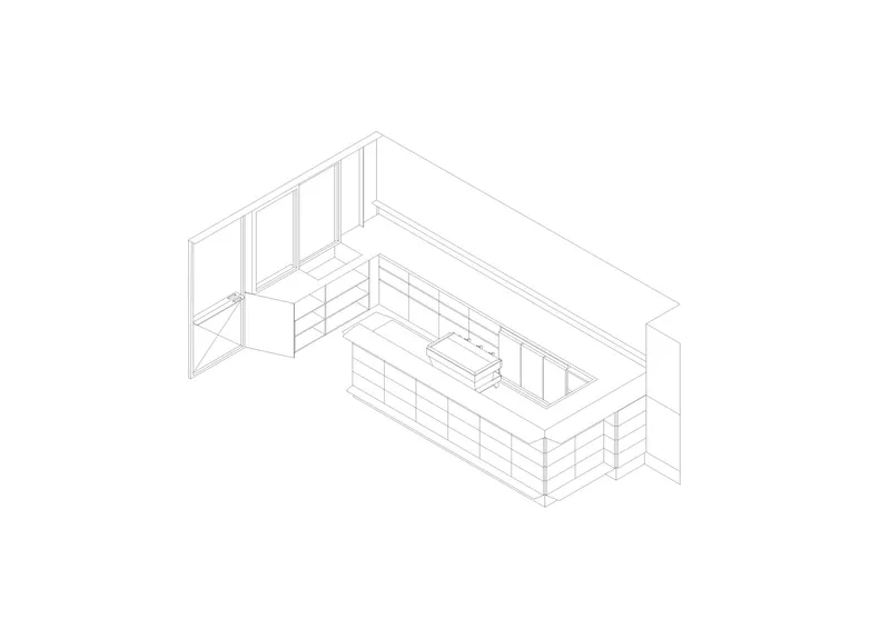 Axonometric drawing of a compact interior with built-in kitchen cabinetry and glazed wall
