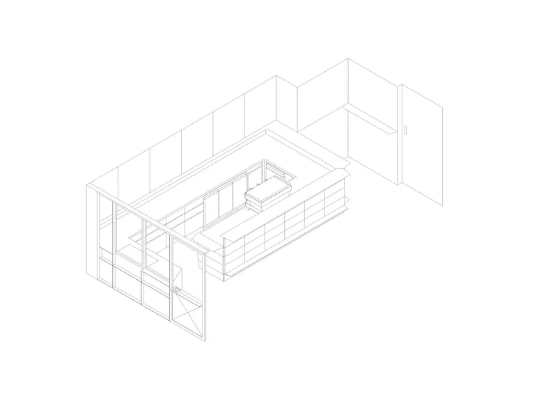 Axonometric drawing showing the interior layout with sliding glass doors and continuous counter